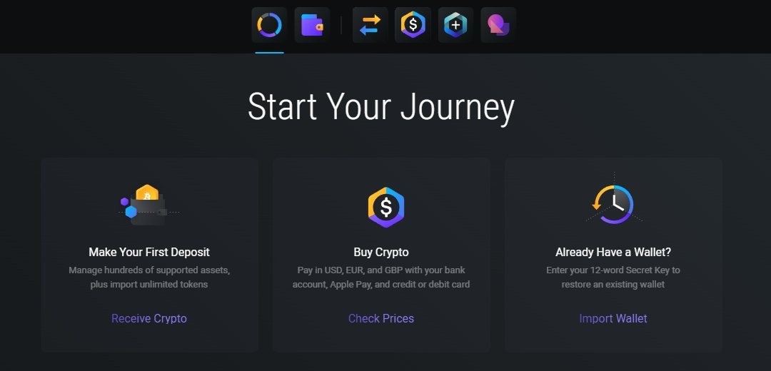 The first screen in Exodus, with Buy Crypto in the middle