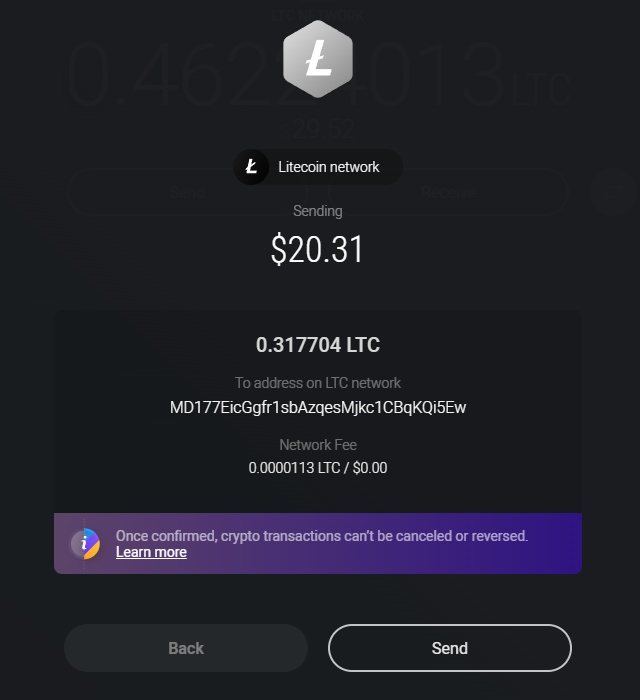 The check screen in Exodus, with Back and Send