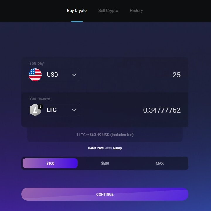 The buy screen: you pay 25 dollars, you get Litecoin