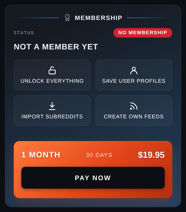 The membership card on the Account page, with the plan, the price and the orange PAY NOW