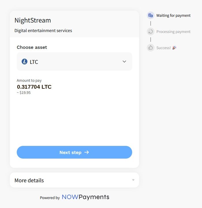 The payment page, with Litecoin picked and the amount to pay