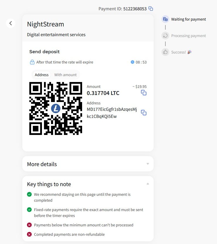 The payment page with the address, the amount, the QR code and the clock
