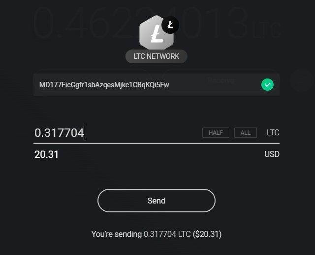 The Send screen in Exodus, with the address pasted and the amount typed in